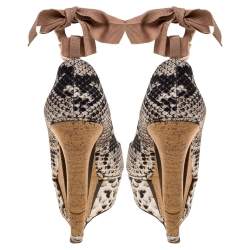 Pre Owned Lanvin Two Tone Snake Print Canvas Escarpin Wedge Pumps Size 38