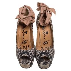 Pre Owned Lanvin Two Tone Snake Print Canvas Escarpin Wedge Pumps Size 38