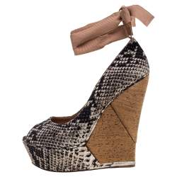 Pre Owned Lanvin Two Tone Snake Print Canvas Escarpin Wedge Pumps Size 38