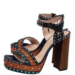 Pre Owned Lanvin Multicolor Leather And Glitter Crystal Embellishment Platform Ankle Strap Sandals Size 38.5