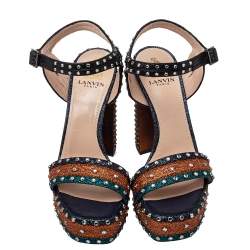 Pre Owned Lanvin Multicolor Leather And Glitter Crystal Embellishment Platform Ankle Strap Sandals Size 38.5
