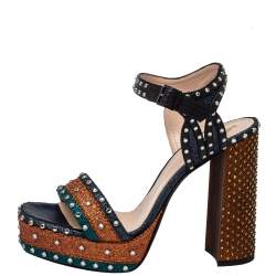 Pre Owned Lanvin Multicolor Leather And Glitter Crystal Embellishment Platform Ankle Strap Sandals Size 38.5