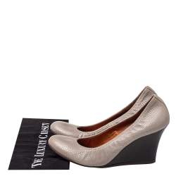 Pre Owned Lanvin Grey Textured Leather Scrunch Wedge Pumps Size 39