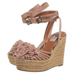 Pre Owned Lanvin Pink Fabric Flower Espadrilles Wedge Size 39