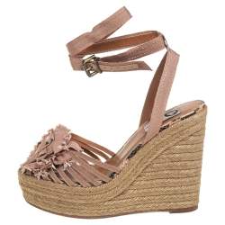 Pre Owned Lanvin Pink Fabric Flower Espadrilles Wedge Size 39