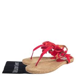 Pre Owned Lanvin Red Leather And Satin Bow Espadrille Thong Flat Sandals Size 39