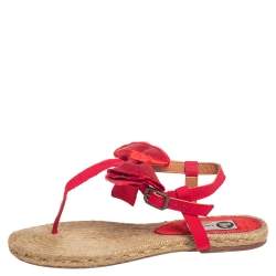 Pre Owned Lanvin Red Leather And Satin Bow Espadrille Thong Flat Sandals Size 39