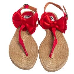 Pre Owned Lanvin Red Leather And Satin Bow Espadrille Thong Flat Sandals Size 39