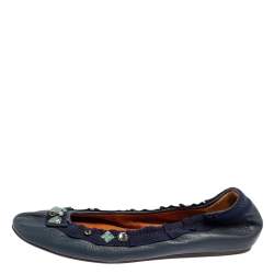 Pre Owned Lanvin Blue Leather/Fabric Embellished Ballet Flats Size 37
