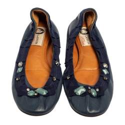 Pre Owned Lanvin Blue Leather/Fabric Embellished Ballet Flats Size 37