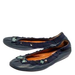 Pre Owned Lanvin Blue Leather/Fabric Embellished Ballet Flats Size 37