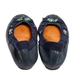Pre Owned Lanvin Blue Leather/Fabric Embellished Ballet Flats Size 37
