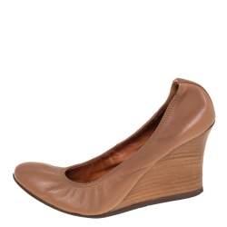 Pre Owned Lanvin Brown Leather Scrunch Wedge Pumps Size 37