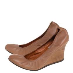 Pre Owned Lanvin Brown Leather Scrunch Wedge Pumps Size 37