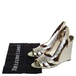 Pre Owned Lanvin Gold/Silver Leather Slingback Wedge Sandals Size 38