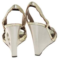 Pre Owned Lanvin Gold/Silver Leather Slingback Wedge Sandals Size 38