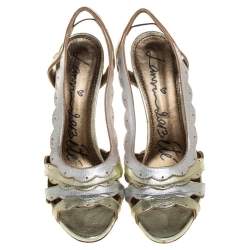 Pre Owned Lanvin Gold/Silver Leather Slingback Wedge Sandals Size 38