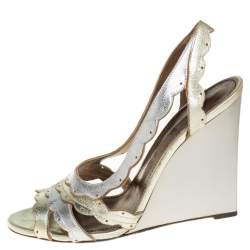 Pre Owned Lanvin Gold/Silver Leather Slingback Wedge Sandals Size 38