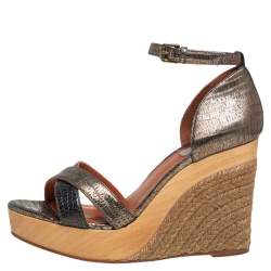 Pre Owned Lanvin Golden Metallic Leather Wedge Sandals Size 39