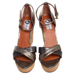 Pre Owned Lanvin Golden Metallic Leather Wedge Sandals Size 39