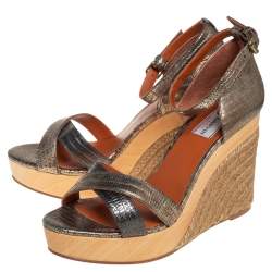 Pre Owned Lanvin Golden Metallic Leather Wedge Sandals Size 39