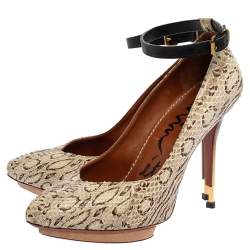Pre Owned Lanvin White/Brown Snakeskin Leather Ankle Strap Pumps Size 36