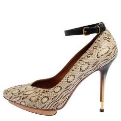 Pre Owned Lanvin White/Brown Snakeskin Leather Ankle Strap Pumps Size 36