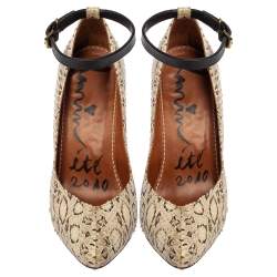 Pre Owned Lanvin White/Brown Snakeskin Leather Ankle Strap Pumps Size 36