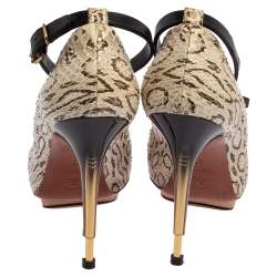 Pre Owned Lanvin White/Brown Snakeskin Leather Ankle Strap Pumps Size 36