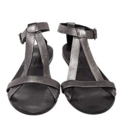 Pre Owned Lanvin Metallic Grey Leather Ankle Strap Flat Sandals Size 40
