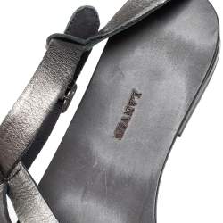 Pre Owned Lanvin Metallic Grey Leather Ankle Strap Flat Sandals Size 40