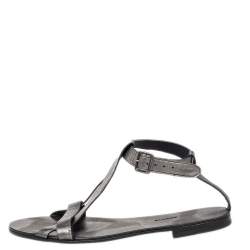 Pre Owned Lanvin Metallic Grey Leather Ankle Strap Flat Sandals Size 40