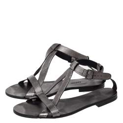Pre Owned Lanvin Metallic Grey Leather Ankle Strap Flat Sandals Size 40