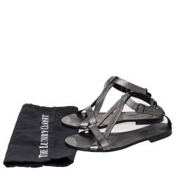 Pre Owned Lanvin Metallic Grey Leather Ankle Strap Flat Sandals Size 40