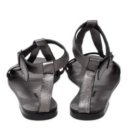 Pre Owned Lanvin Metallic Grey Leather Ankle Strap Flat Sandals Size 40