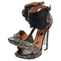 Lanvin Green/Black Python And Leather Wedge Platform Ankle Strap Sandals Size 38