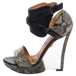Lanvin Green/Black Python And Leather Wedge Platform Ankle Strap Sandals Size 38