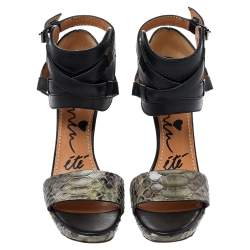 Lanvin Green/Black Python And Leather Wedge Platform Ankle Strap Sandals Size 38