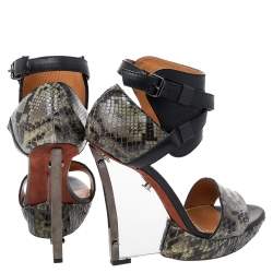 Lanvin Green/Black Python And Leather Wedge Platform Ankle Strap Sandals Size 38