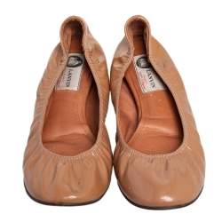 Pre Owned Lanvin Tan Patent Leather Scrunch Ballet Flats Size 38