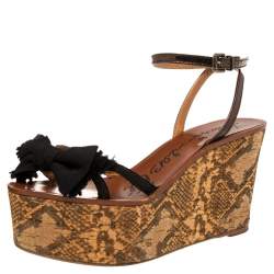 Lanvin Metallic/Black Canvas and Leather Bow Python Print Platform Wedge  Sandals Size 39 Lanvin | TLC