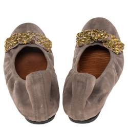 Pre Owned Lanvin Grey Suede Bow Scrunch Ballet Flats Size 39