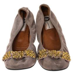 Pre Owned Lanvin Grey Suede Bow Scrunch Ballet Flats Size 39