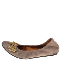 Pre Owned Lanvin Grey Suede Bow Scrunch Ballet Flats Size 39