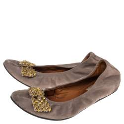 Pre Owned Lanvin Grey Suede Bow Scrunch Ballet Flats Size 39