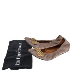 Pre Owned Lanvin Grey Suede Bow Scrunch Ballet Flats Size 39