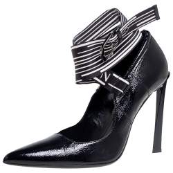 Pre Owned Lanvin Black Patent Leather Logo Slingback Pointed Toe Pumps Size 40