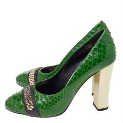 Pre Owned Lanvin Green Python Leather Embellished Block Heel Pumps Size 38