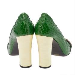 Pre Owned Lanvin Green Python Leather Embellished Block Heel Pumps Size 38