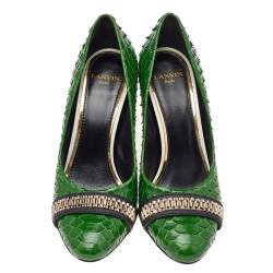 Pre Owned Lanvin Green Python Leather Embellished Block Heel Pumps Size 38